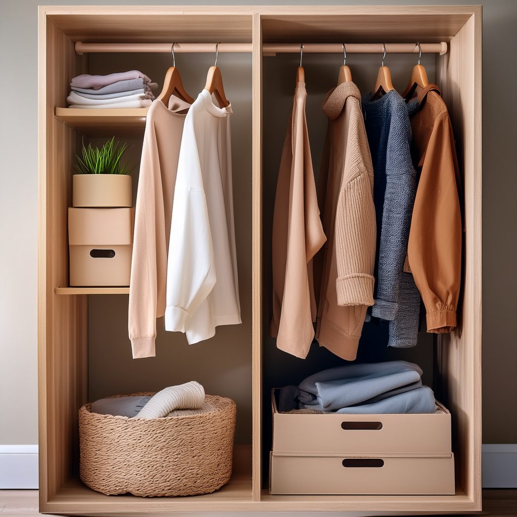 Offener Kleiderschrank mit wenigen Kleidungsstücken und drei beschrifteten Boxen für Behalten, Spenden und Recyceln