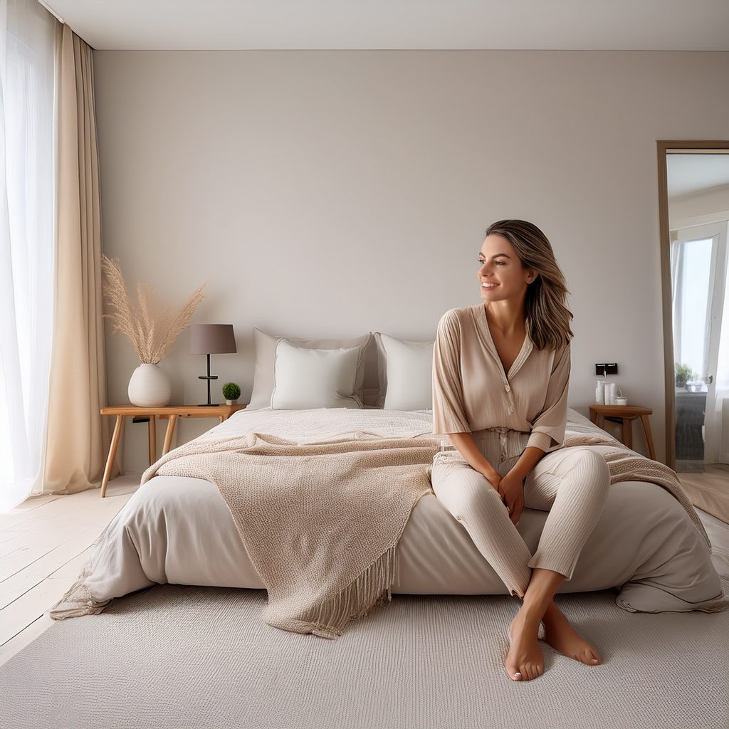 Ruhiges, reduziertes Schlafzimmer in neutralen Farben, in dem eine Person entspannt sitzt und die ablenkungsarme Umgebung genießt