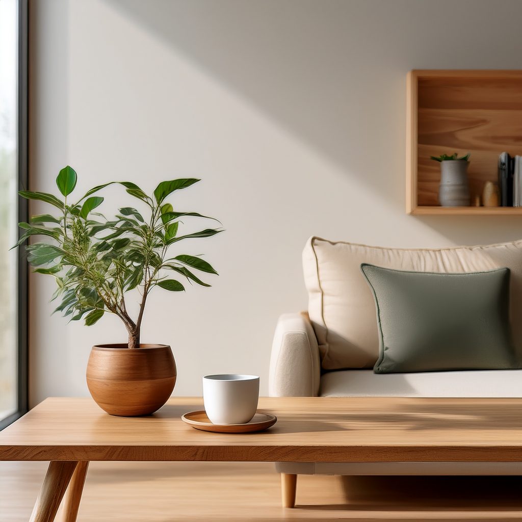 Minimalistisch eingerichtetes Wohnzimmer mit nachhaltigen Möbeln und Pflanzen