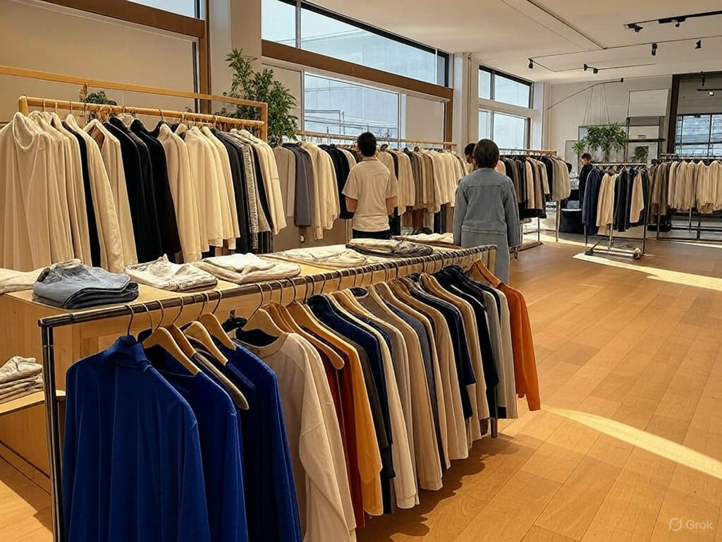 Öko-Fashion-Boutique mit Bio-Baumwollkleidung auf Holzständern