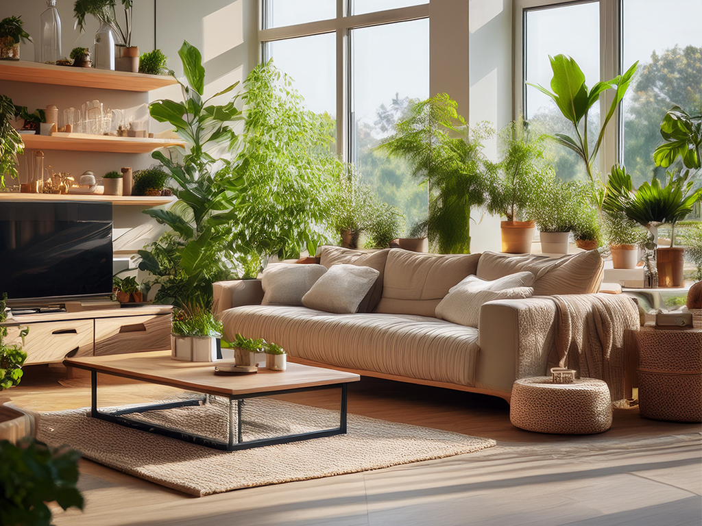 Heller Wohnraum mit Topfpflanzen und Low-Waste-Produkten im Regal