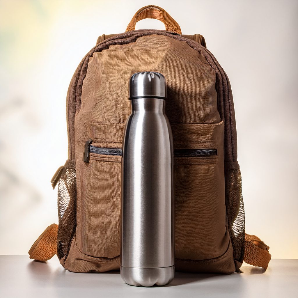 Mehrwegflasche und ein Rucksack aus nachhaltigen Stoff