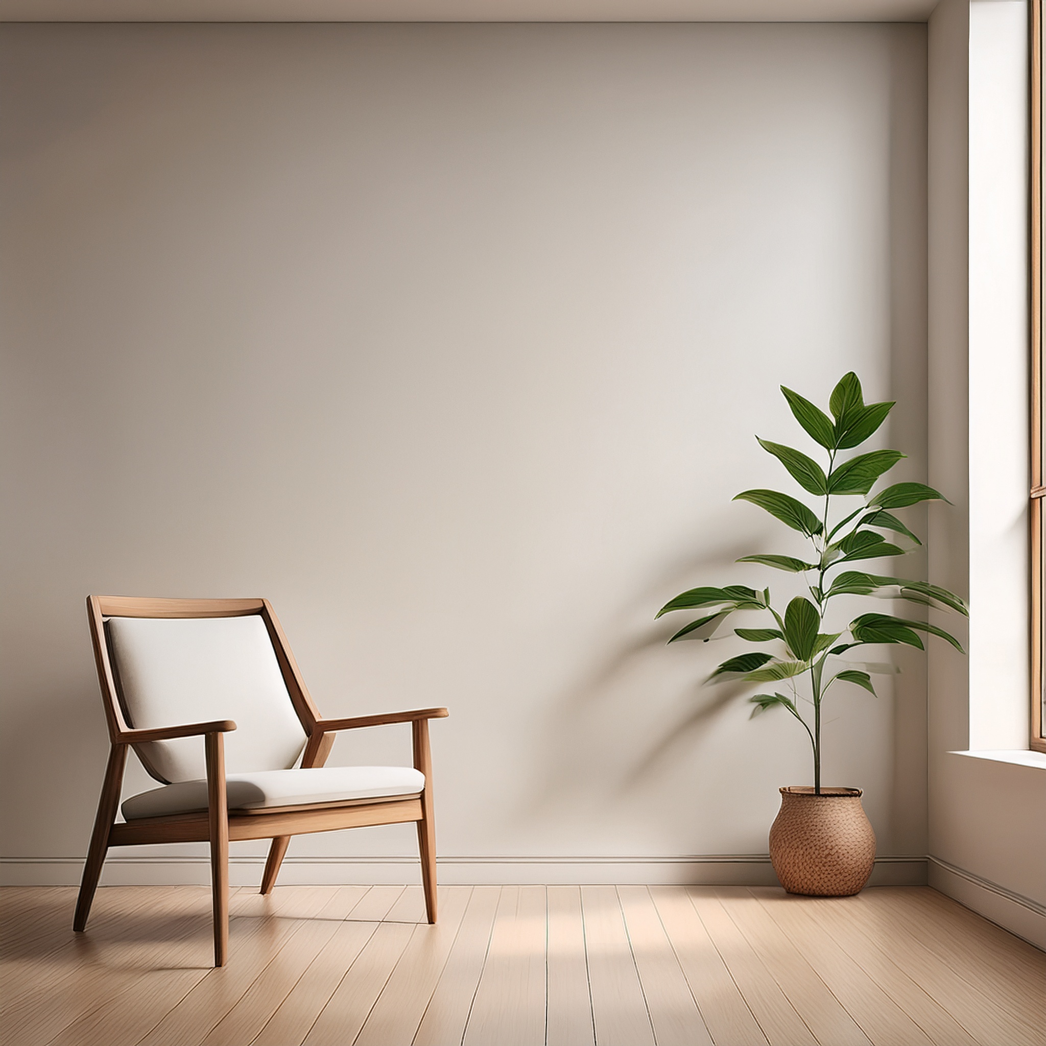 Ein weißer Raum mit nur einem Holzstuhl und einer einzelnen Zimmerpflanze als Sinnbild für ‚Weniger ist mehr
