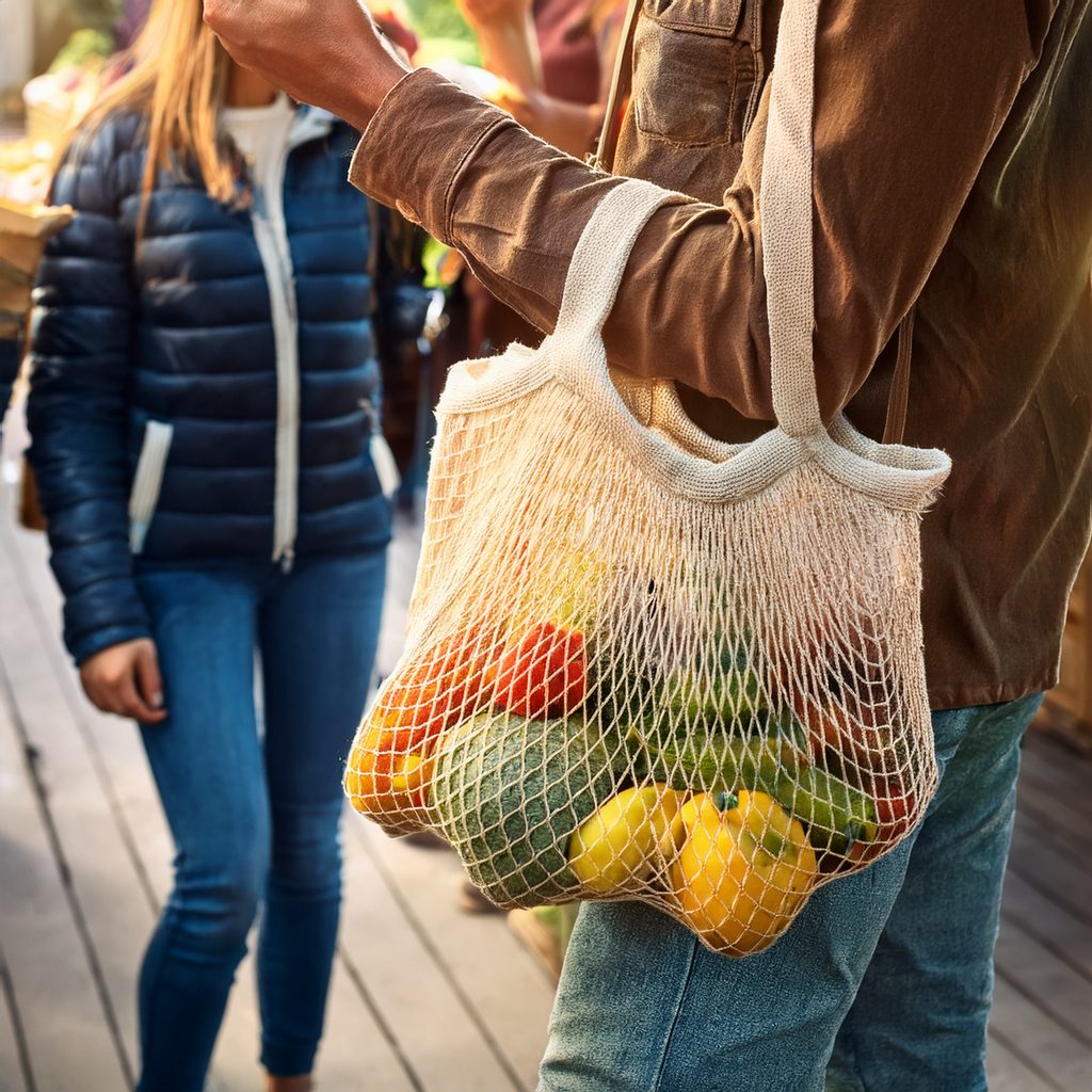 Nachhaltiges Einkaufen auf dem Wochenmarkt mit Stoffbeuteln