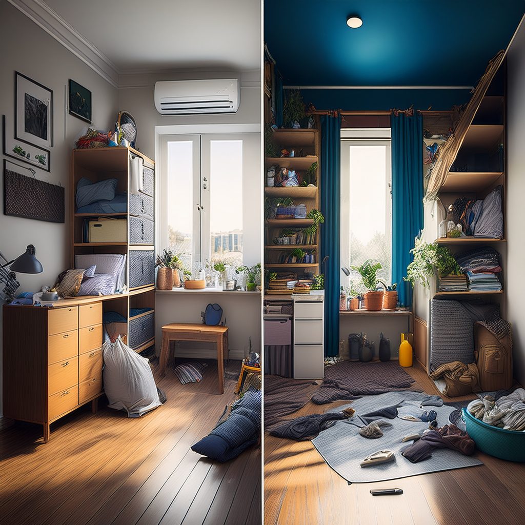 Ein Zimmer, halb im Chaos mit herumliegendem Krimskrams, halb ordentlich und minimalistisch, als Kontrast zwischen Fehlern und Ziel