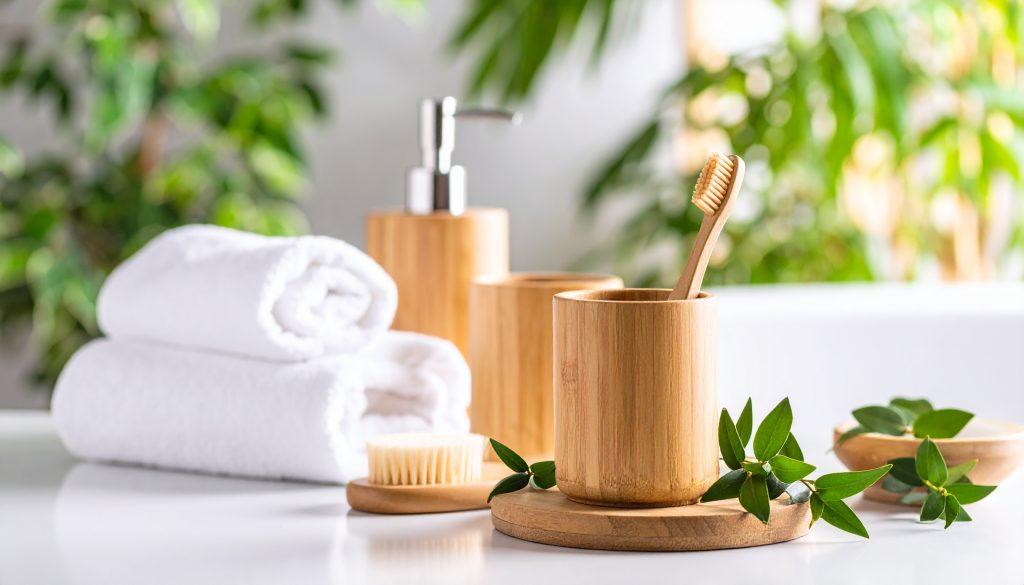 Modernes Badezimmer mit Handtüchern, Bambuszubehör und grünen Pflanzen – nachhaltige Badgestaltung