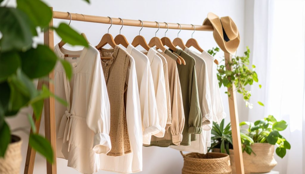 Nachhaltige Mode. Kleiderständer mit diversen modernen Oberteilen