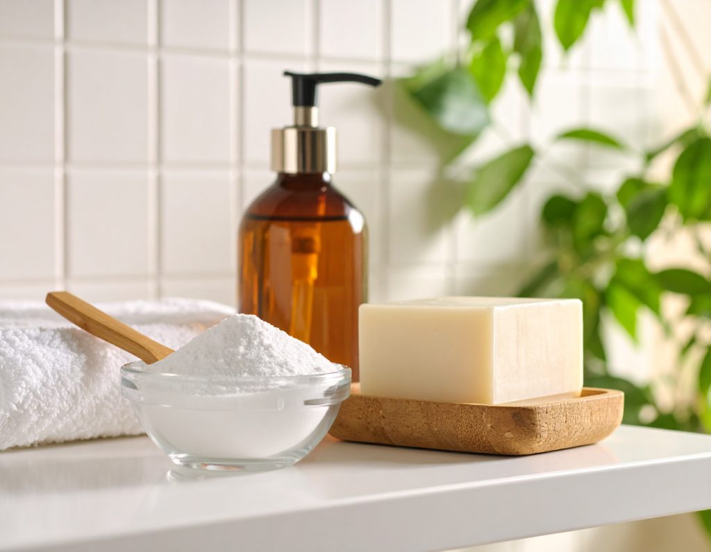 Hausgemachter Natronreiniger mit geraspelter Kernseife in einer Schale – daneben eine Holzlöffel, Seifenstück und wiederverwendbare Sprühflasche auf heller Badezimmerablage.