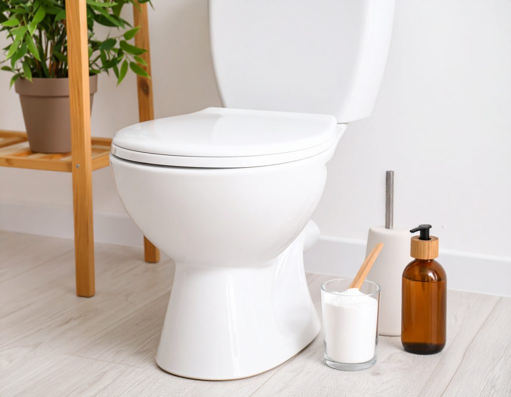 Selbstgemachter WC-Reiniger aus Zitronensäure in Glasgefäß mit Holzlöffel – neben einer weißen Keramiktoilette im nachhaltigen Badezimmer.