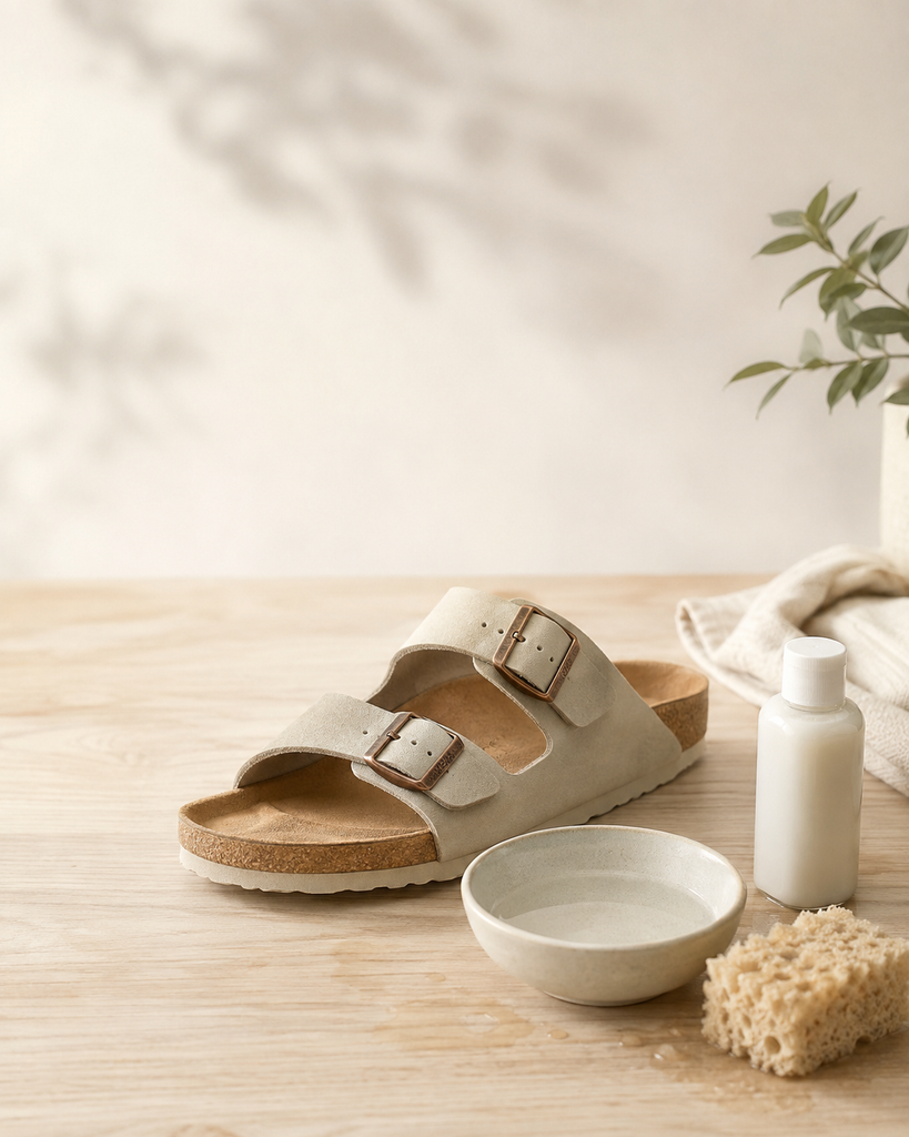 Reinigung von Korksandalen mit Wasser