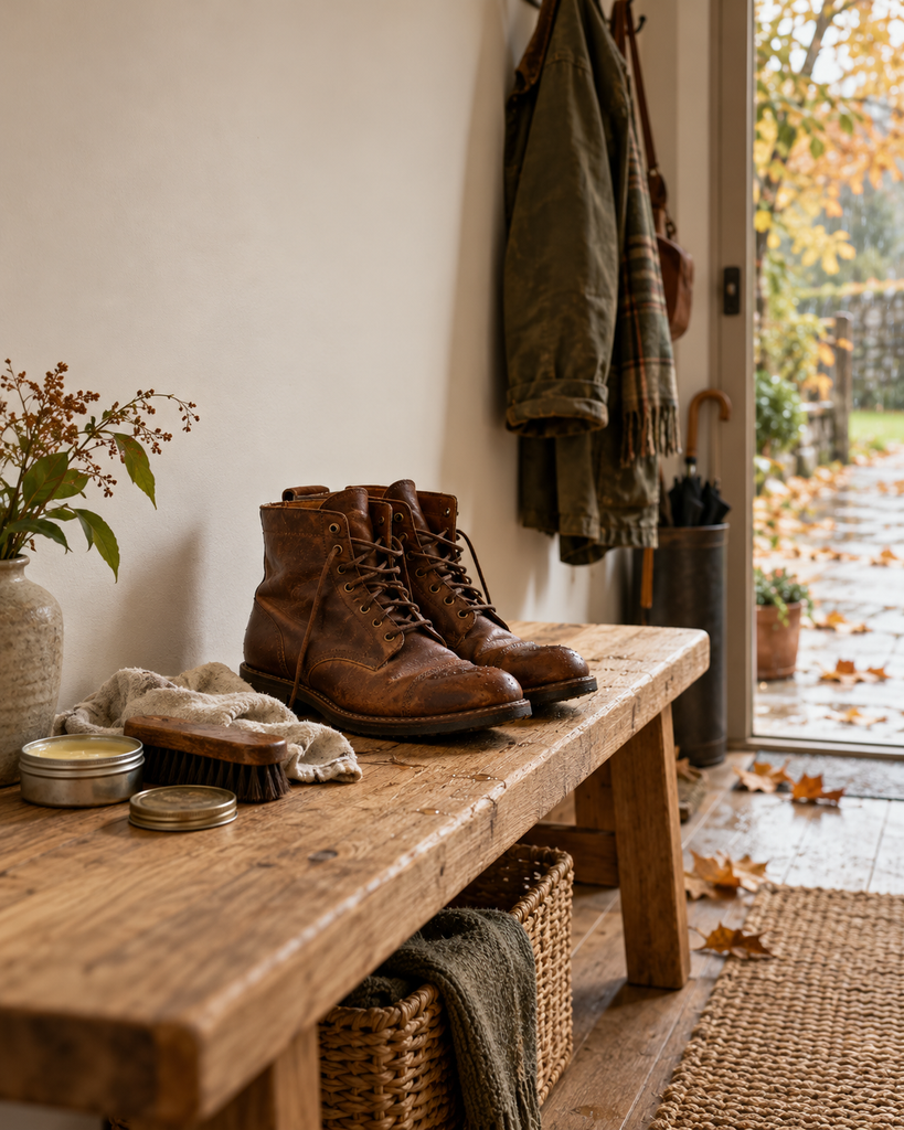 Lederschuhe auf Holzbank
