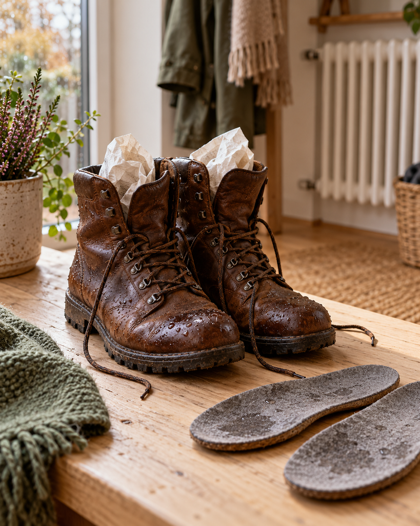 Nasse Lederschuhe trocknen bei Raumtemperatur mit saugfähigem Papier