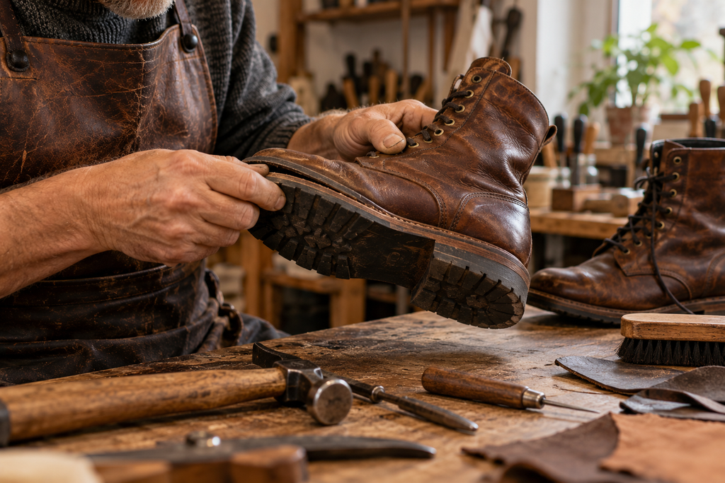 Schuhmacher prüft eine gelöste Sohle an einem Lederstiefel